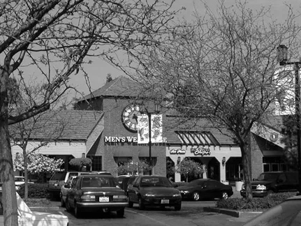 A parking lot that has canopy shade trees and thematic signage and lighting.