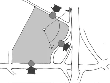 An illustration of three primary access points to commercial center.