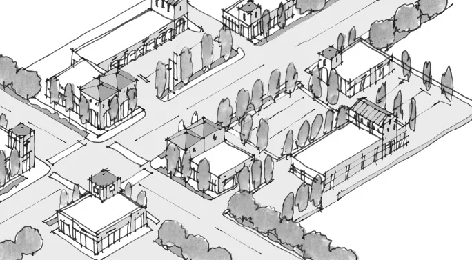 An illustration of desirable district massing