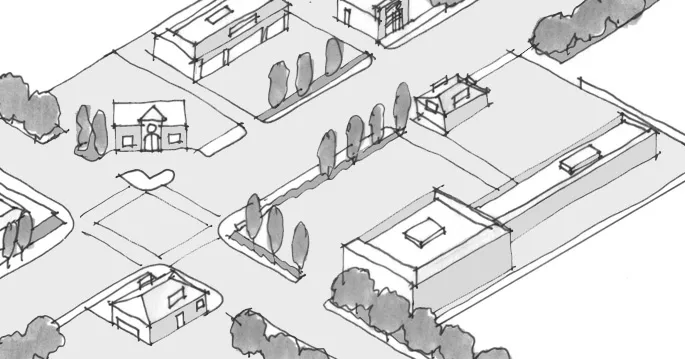 An illustration of undesirable district massing