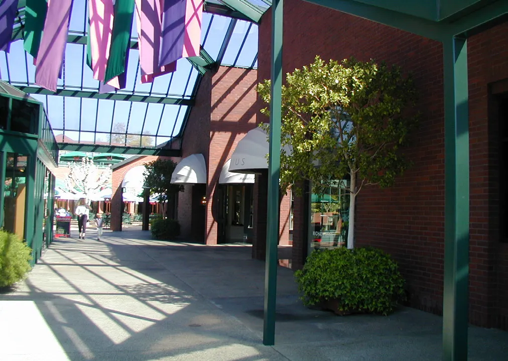A commercial walkway with wide walkways and transparent storefronts.