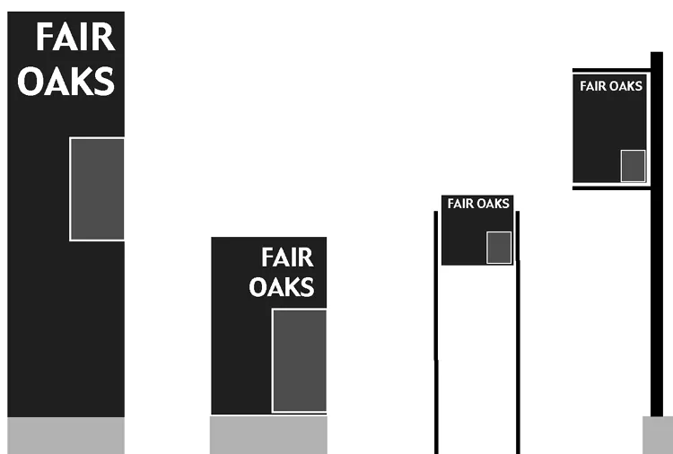 Diagram of example commercial signs using square design elements.