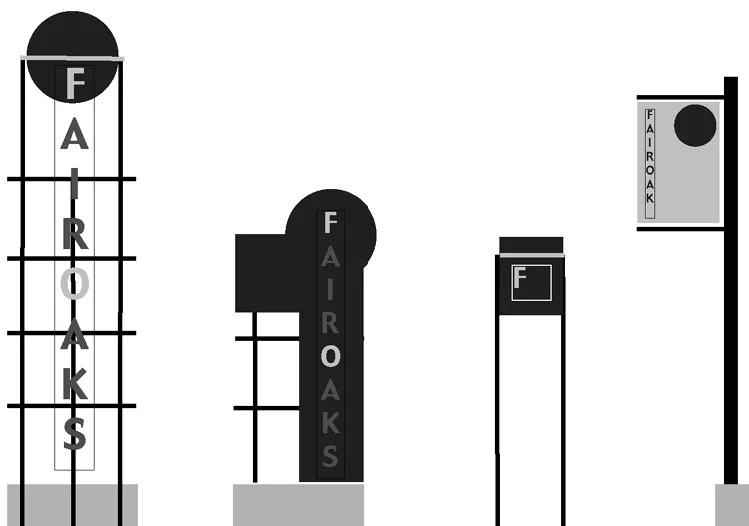 Diagram of example commercial signs using circular design elements.