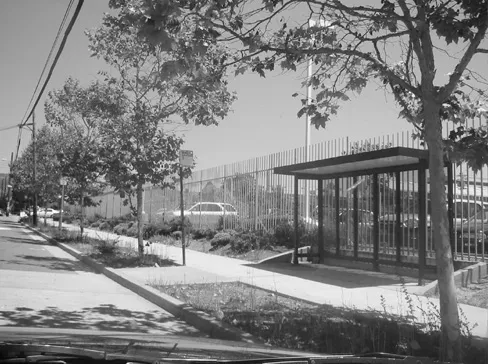 Landscaping between sidewalk and street.