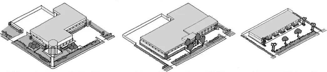 Illustration of three concept industrial site building orientations.