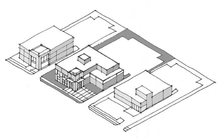 Diagram of an infill office building in a commercial district.
