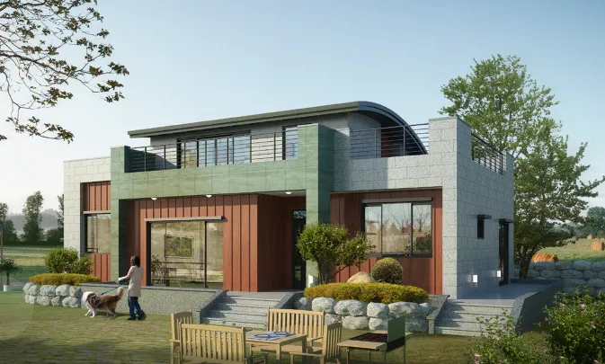 Modern style cargo container home in rural area.
