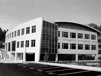 An office building viewed from the parking lot.