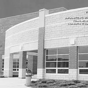 An office building constructed of masonry materials.