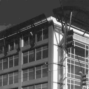 An office building constructed using curtain wall construction features.