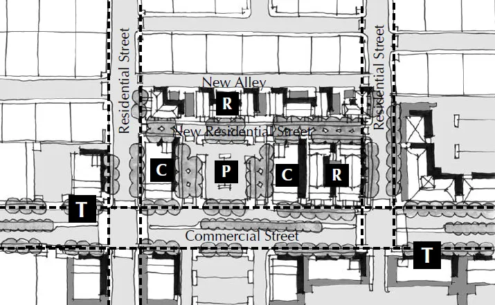 Diagram of mixed-use project planned in surrounding commercial district and neighborhoods.