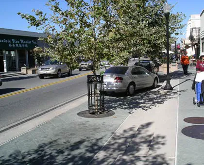 Parallel on-street parking with street trees, sidewalks and lighting