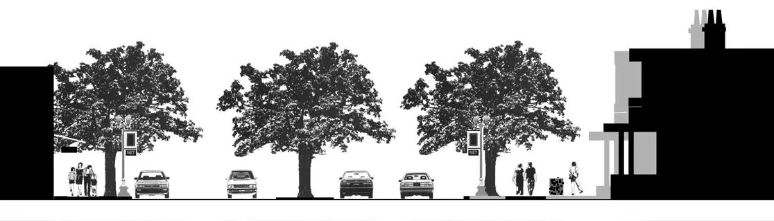 A wider “community street” that has community-serving commercial uses.