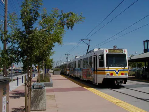 SacRT light rail car at a light rail station.
