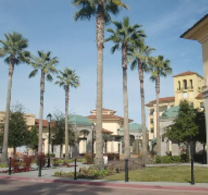 Building plaza with buildings designed around the plaza.