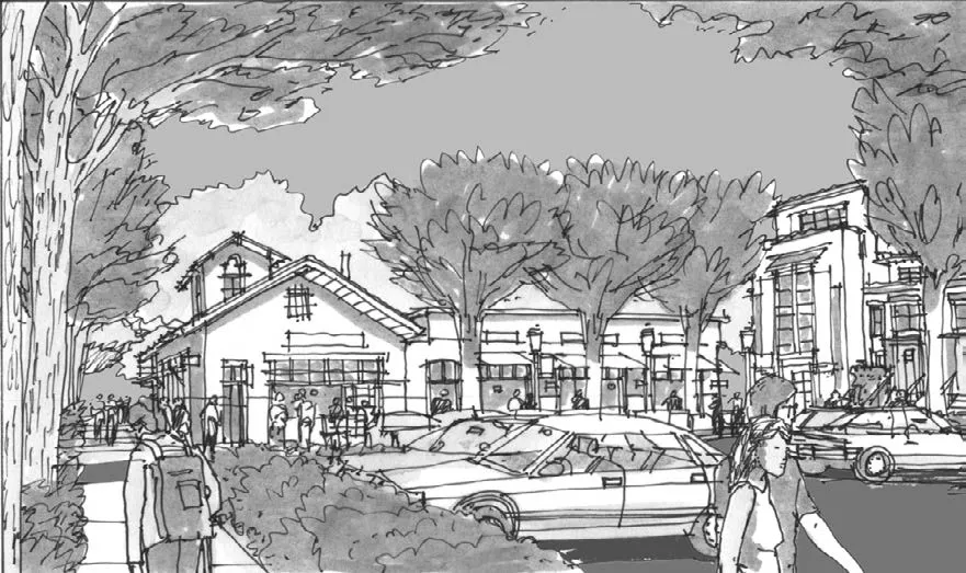 Sketch of a storefront building with live-work townhouses and common open space.