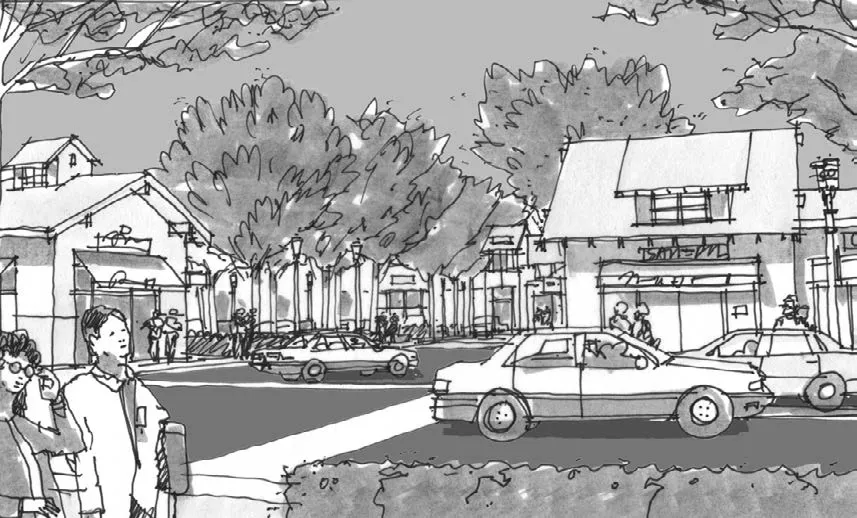 Drawing of a view from the sidewalk across the street from a shopping center’s main entry.