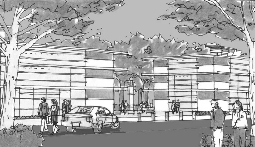 Drawing of a view from the parking lot of the lobbies and plaza space for an office building.