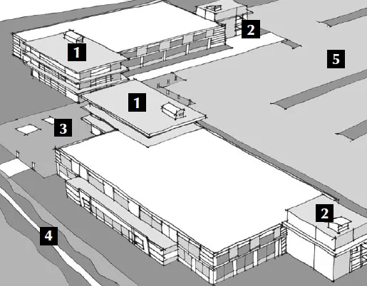 Massing diagram of a office plaza development.