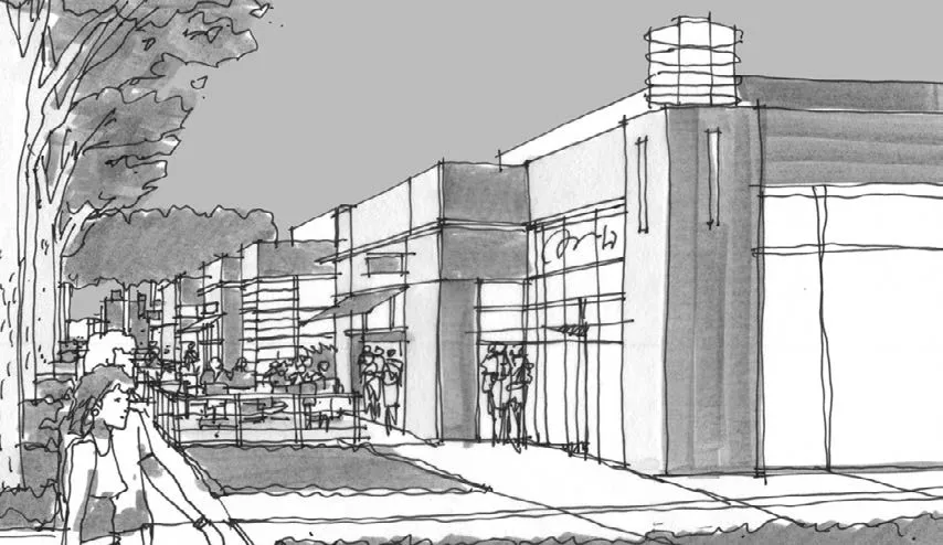 Drawing of a view from the sidewalk of the outdoor seating areas for retail buildings.