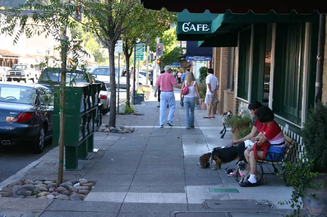 A storefront designed with wide sidewalks and benches with street trees.