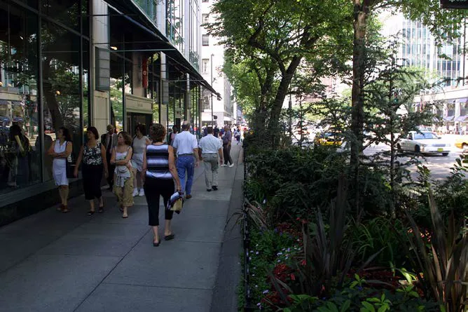 A storefront designed with wide sidewalks and large amounts of landscaping along the street.