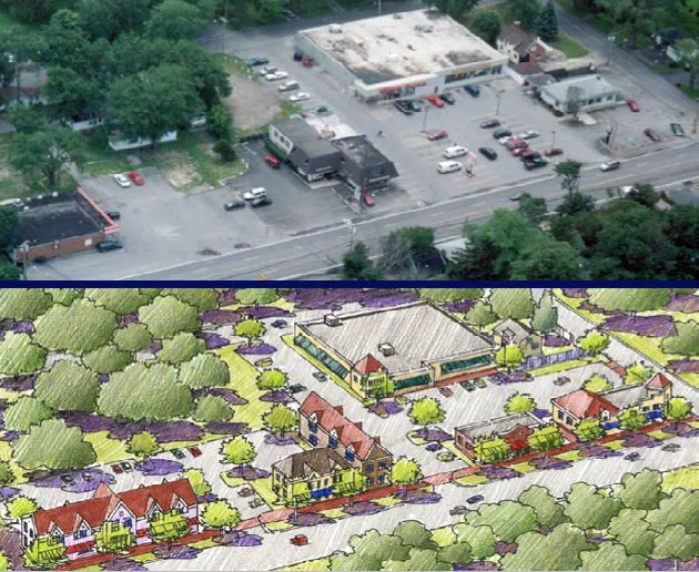 A aerial image of an existing shopping center with buildings further from the street and a conceptual plan of the same site with more buildings along the street.