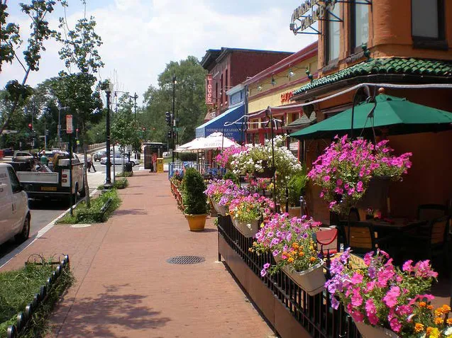 A wide sidewalk with landscape feature along a commercial corridor.
