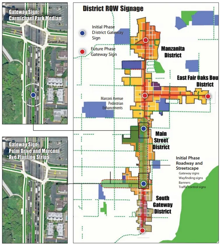 Diagram showing where gateway signs are proposed at the median of Fair Oaks Boulevard near Carmichael Park and near Palm Drive and Marconi Avenue. Also a diagram showing right of way signage across the entire Fair Oaks Boulevard Special Planning Area.