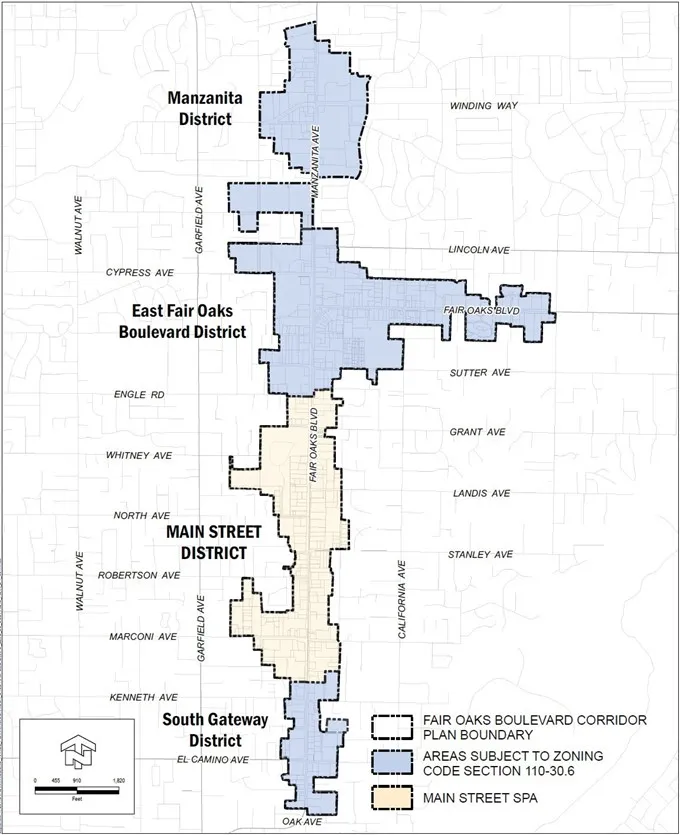 Map of Fair Oaks Boulevard Special Planning Area showing where the Main Street District SPA applies. Also depicts the Manzanita District, East Fair Oaks Boulevard District, and South Gateway District boundaries.