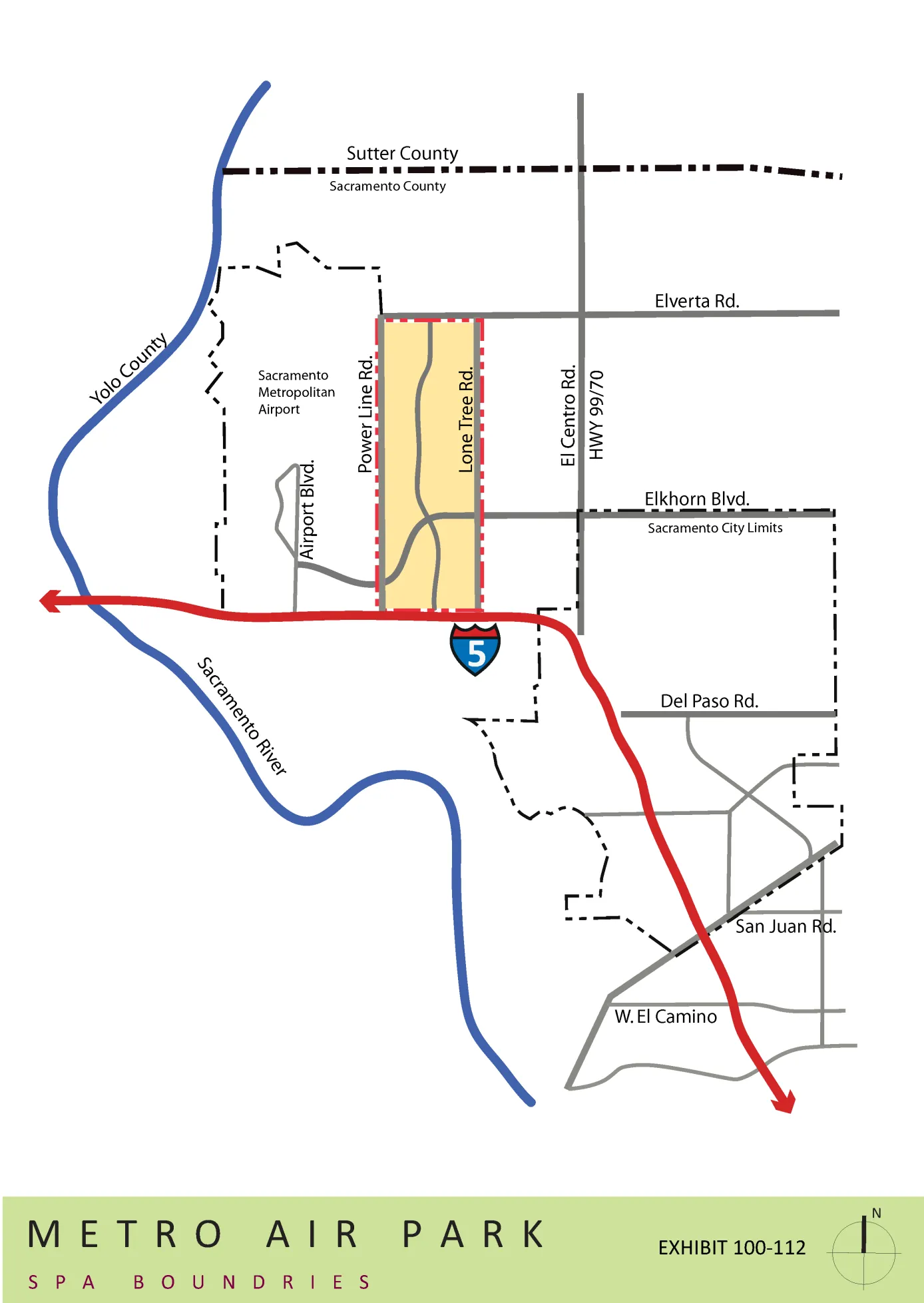 Map of Metro Air Park in the North Natomas region showing it bounded by I-5, Lone Tree Rd, Elverta Rd, and Power Line Rd.
