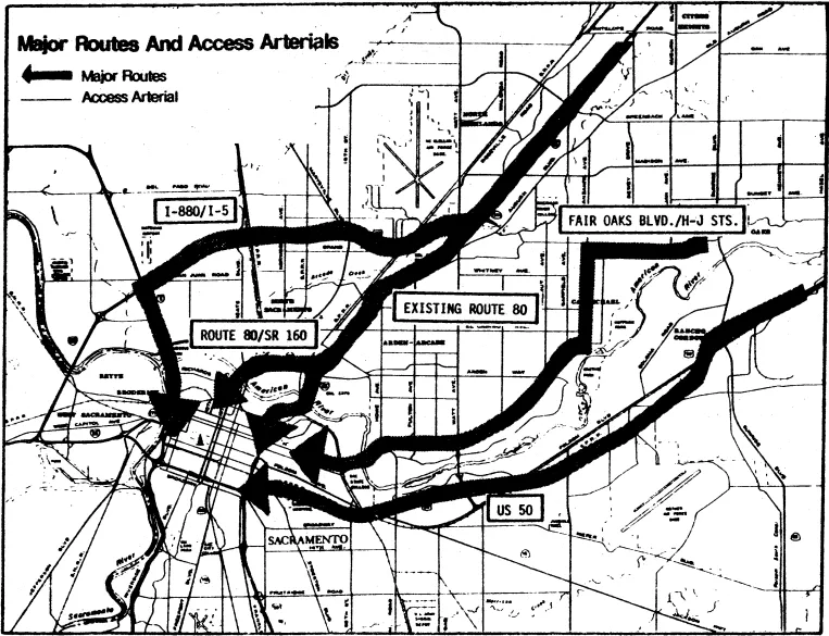 A map of major routes and access roads in Arden Arcade.