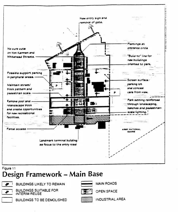 Design Framework highlighting the main entrance to the base and the status of existing buildings for reuse or demolition.