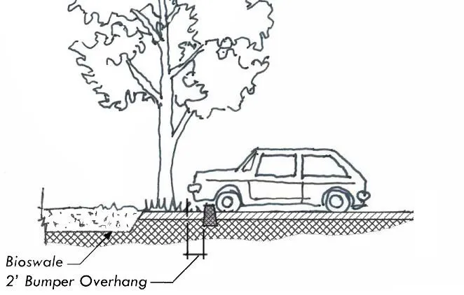 Diagram of a bumper overhang protecting a bioswale in a parking lot.
