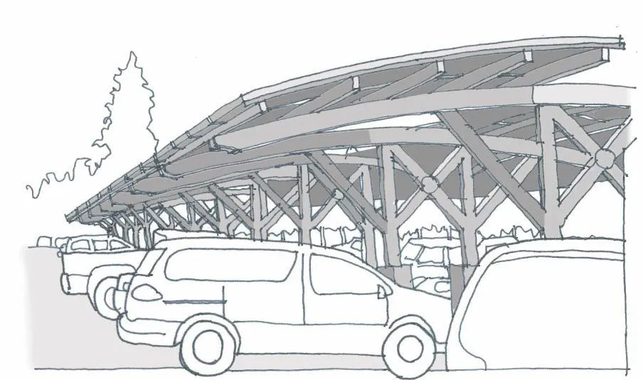 Illustration of a curved solar roof over a parking lot.
