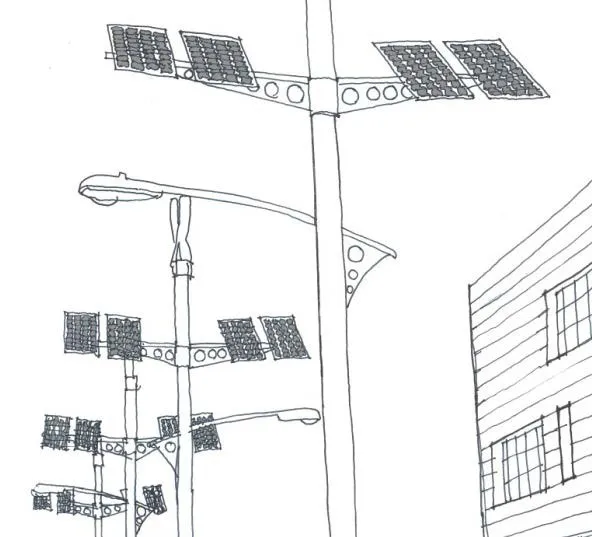 Illustration of solar and wind powered lights adjacent to a building.