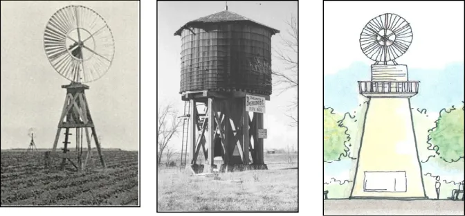 An image of a windmill and water tower, with a concent diagram to merge the two.
