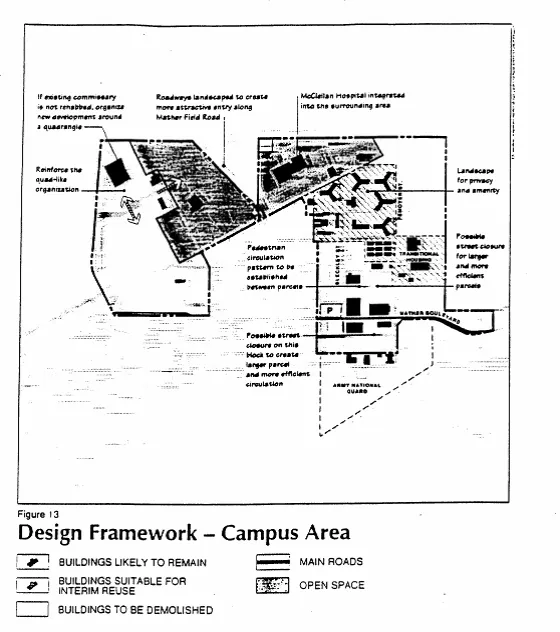 Map outlining buildings for reuse or demolition within the Campus area