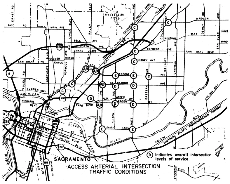A map of arterial road intersections and traffic conditions at each location in Arden Arcade.
