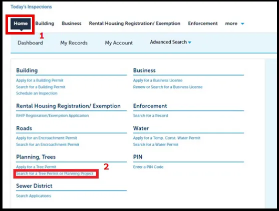 Screenshot showing where Home and "Search for a Tree Permit or Planning Project" is located