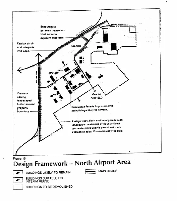 Design Framework for the North Airport Area, showing potential buildings for reuse or demolition.
