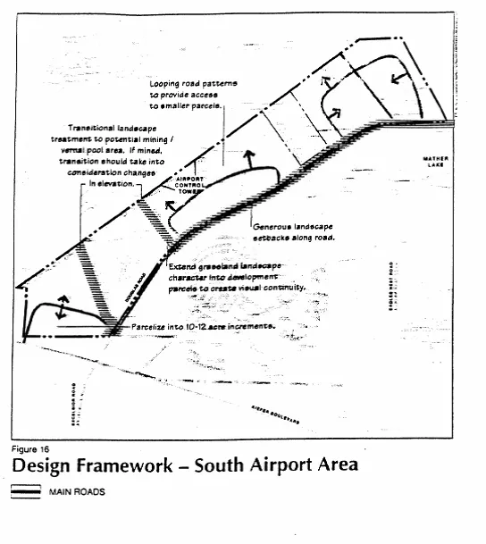 Design Framework for the South Airport Area, showing potential buildings for reuse or demolition.