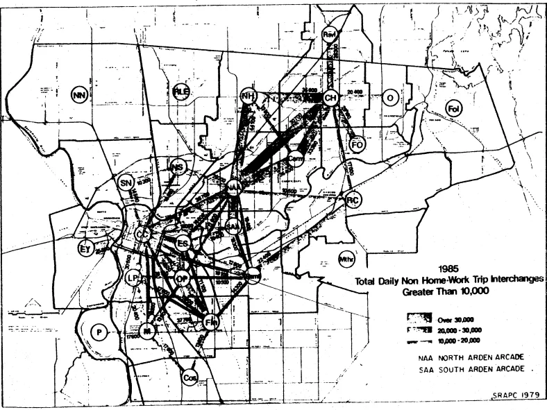 A map depicting the total daily non home or work trips for Arden Arcade in 1985.