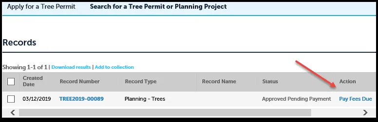 Screenshot pointing to "Pay Due Fees" link