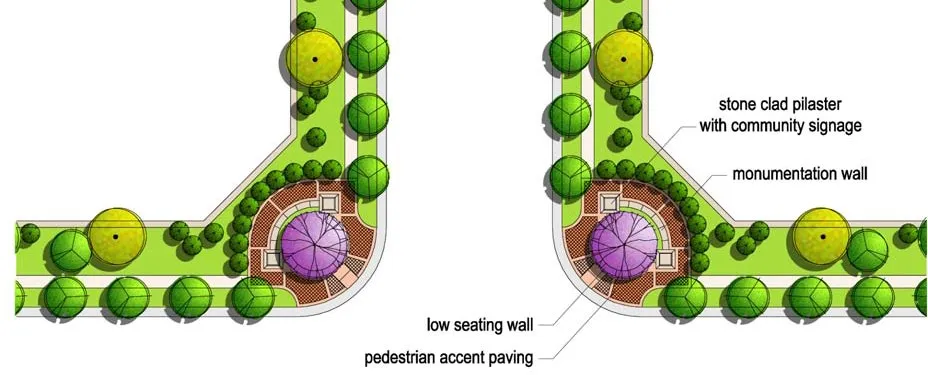 Conceptual Image of Secondary Community Gateways with Stone Clad Pilaster with Community Signage, Monumentation Wall, Low Seating Wall, and Pedestrian Accent Paving