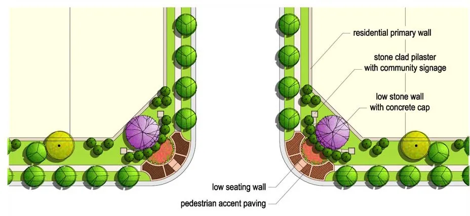 Conceptual Image of Village Entries Showing Residential Primary Wall, Stone Clad Pilaster with Community Signage, Low Stone Wall with Concrete Slab, Low Seating Wall, and Pedestrian Accent Paving