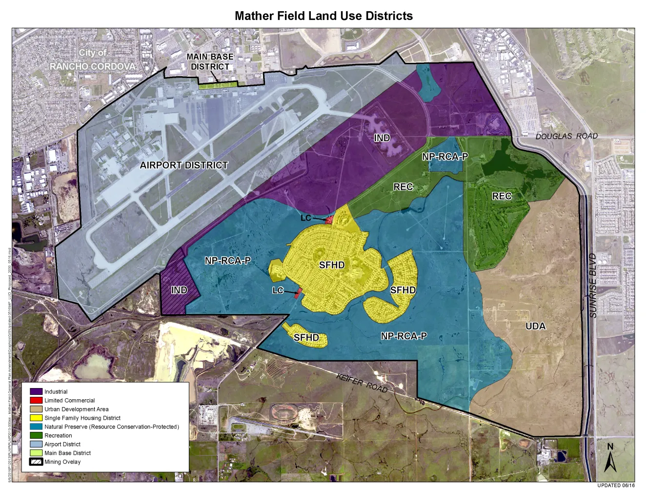 Map depicting Land Use Districts of the Mather Field SPA as of September 13, 2016. There are 8 base districts.