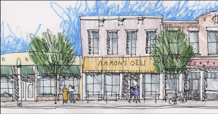 A sketch illustrating the massing of a large multi-tenant commercial building.