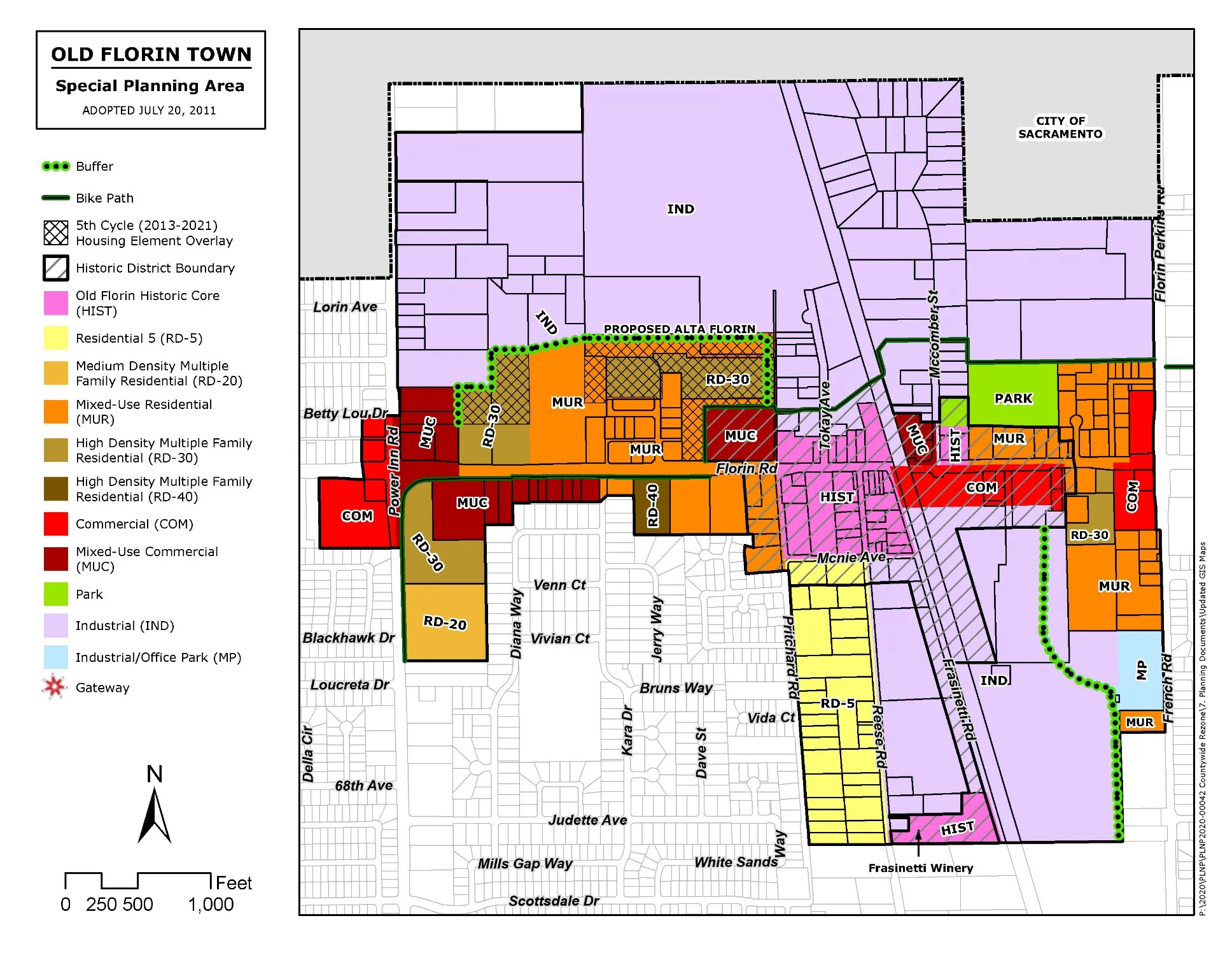 A map depicting the land use plan for the Old Florin Town area,