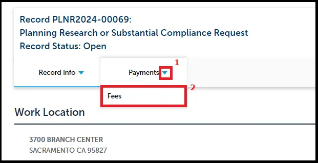 Screenshot of menu to go under Payments to get to Fees